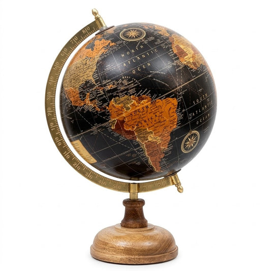 Black & Gold World Globe with Wooden Base