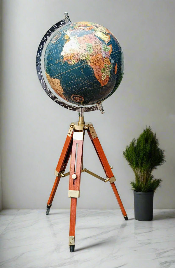 Handcrafted 8 Inch Blue Multicolour Rotating Home Decor World Globe with Tripod Stand