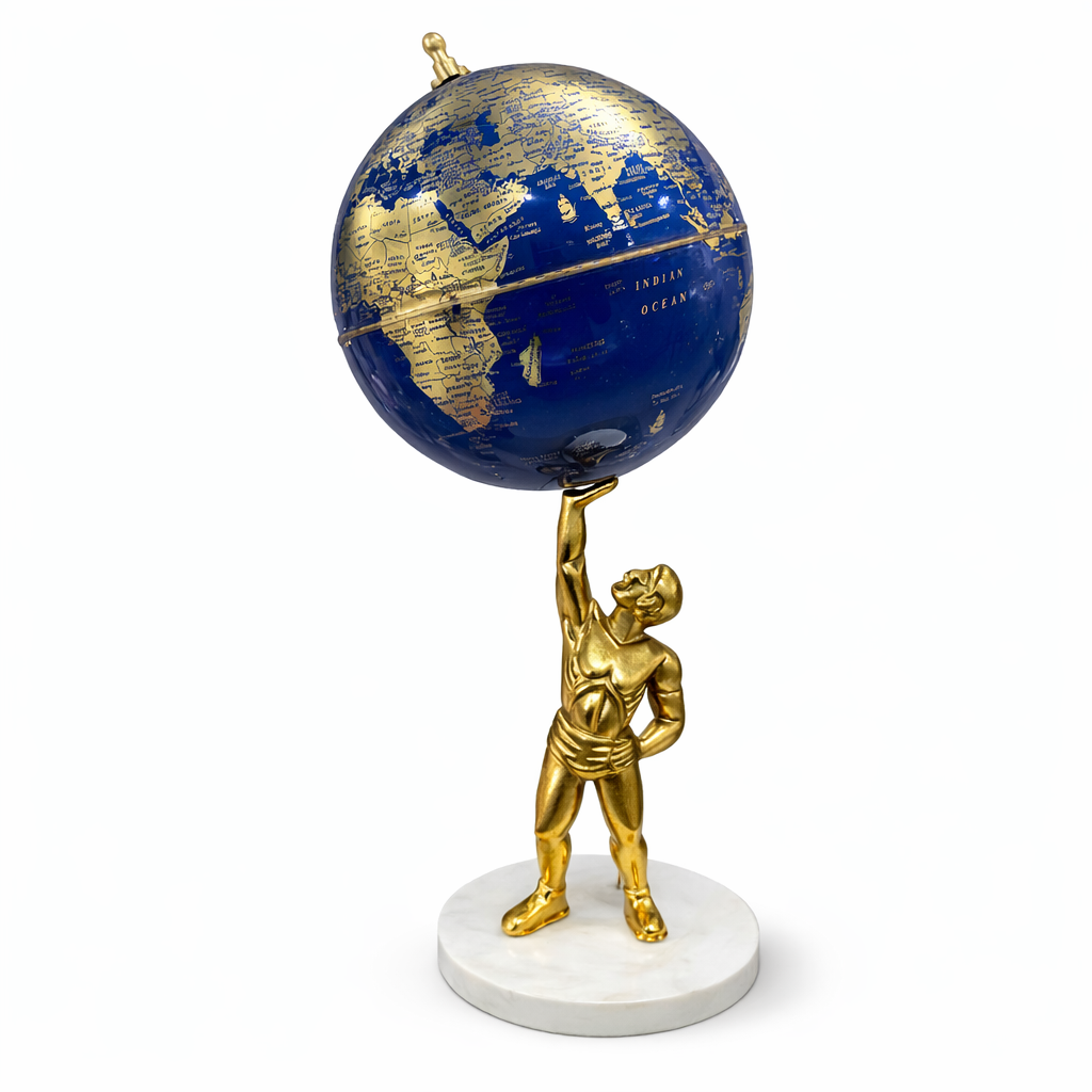 Midnight Blue and Gold World Globe with Atlas Sculpture Stand – Luxury Decorative Desk Globe