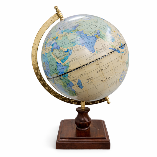 Antique Cream Political World Globe with Gold Finish Meridian and Walnut Wooden Base