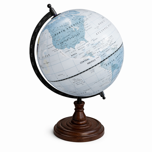 Ice Blue Political World Globe with Black Meridian and Dark Walnut Wooden Base