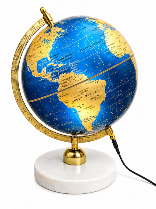 Premium Illuminated Blue & Gold World Globe with Marble Base | LED Decorative Globe Lamp | Luxury Home & Office Desk Decor | Educational Globe