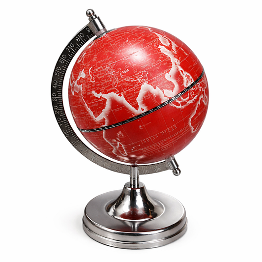 Red Political World Globe with Chrome Silver Meridian and Base