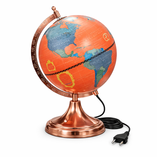 Illuminated Coral Orange World Globe with Rose Gold Stand