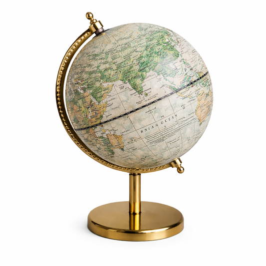Vintage Sage Green World Globe with Antique Gold Meridian and Base