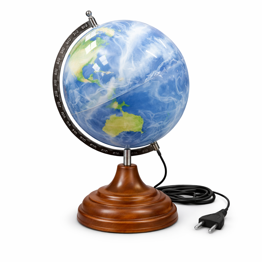 World Globe with Deep Ocean Blue Texture and Walnut Wooden Base