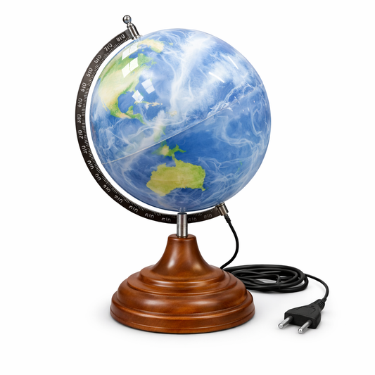 World Globe with Deep Ocean Blue Texture and Walnut Wooden Base