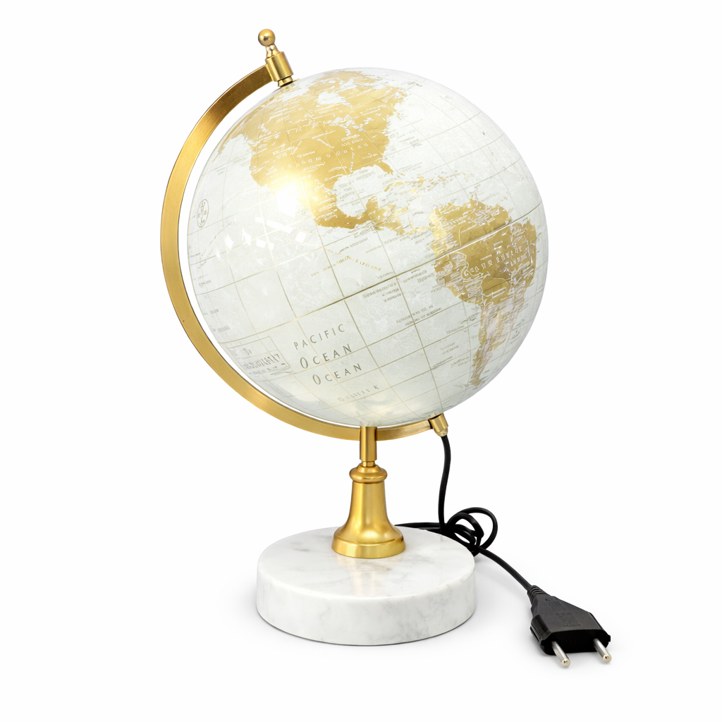 White and Gold Illuminated World Globe with Gold Meridian and Marble Base