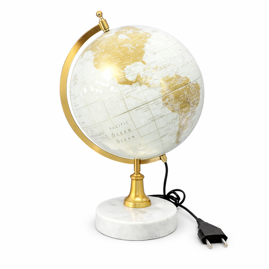 White and Gold Illuminated World Globe with Gold Meridian and Marble Base
