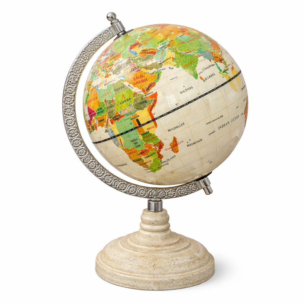 Antique Ivory Political World Globe with Engraved Silver Meridian and wooden Base