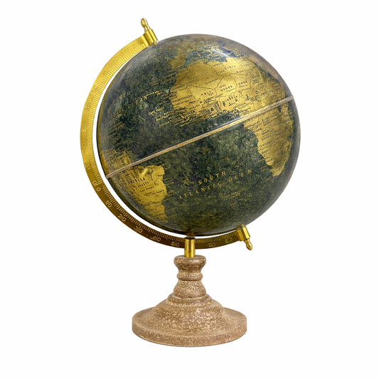 Antique Forest Green and Vintage Gold World Globe with Gold Meridian and Wooden Base