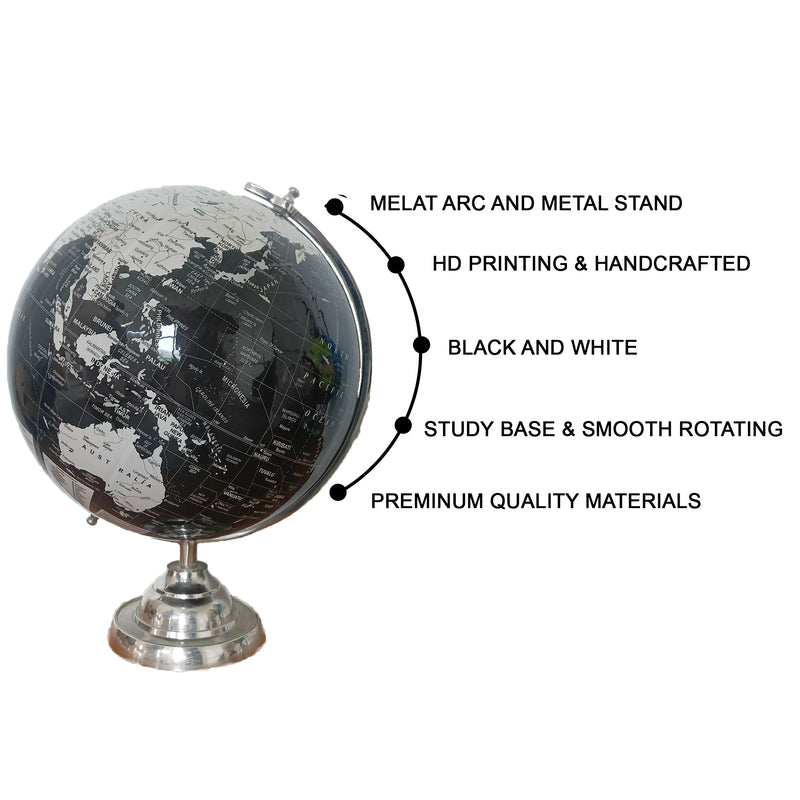 Black & White 12 inch Home Decor Rotating World Globe with Metal Stand