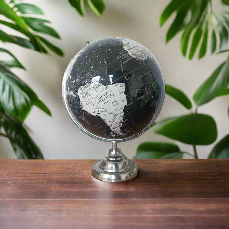 Black & White 12 inch Home Decor Rotating World Globe with Metal Stand