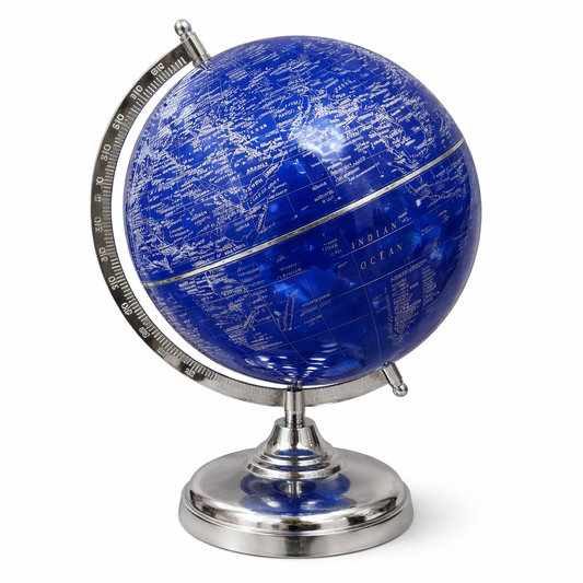 Blue World Globe with Silver Map Detailing and Chrome Stand