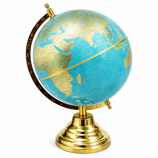 Blue and Gold World Globe with Gold Finish Stand – Luxury Decorative Desk Globe
