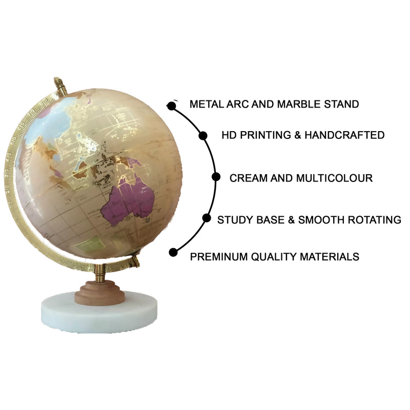 Cream & multicolour  8 inch Home Decor Rotating World Globe with Marble and Wooden Stand