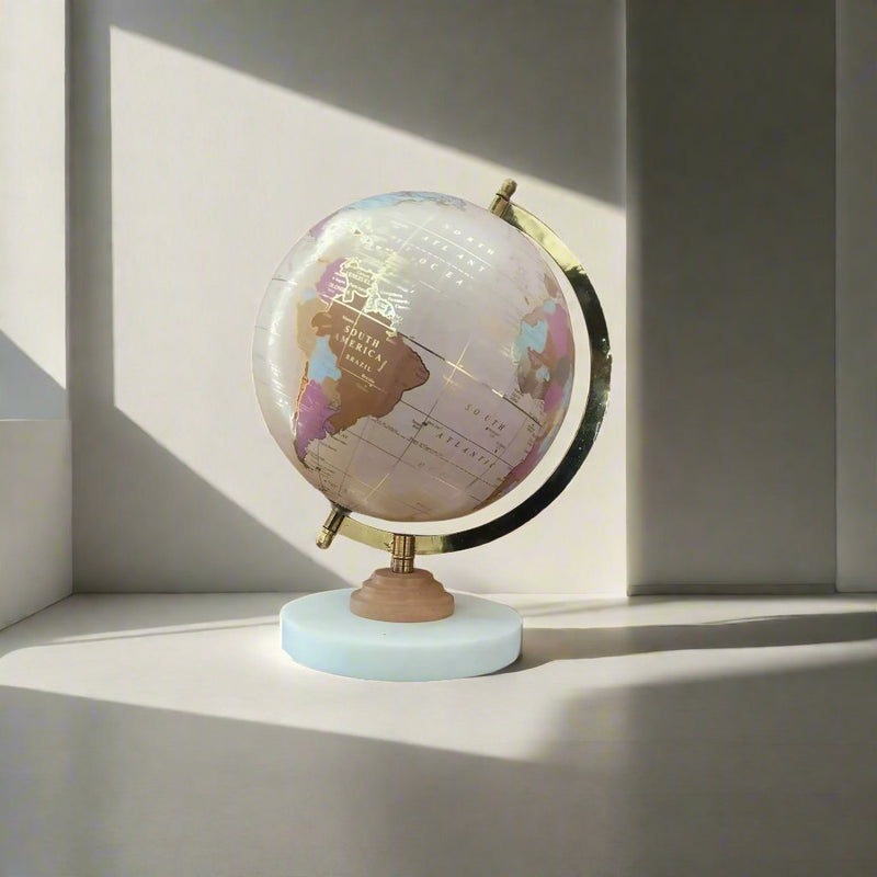 Cream & multicolour  8 inch Home Decor Rotating World Globe with Marble and Wooden Stand