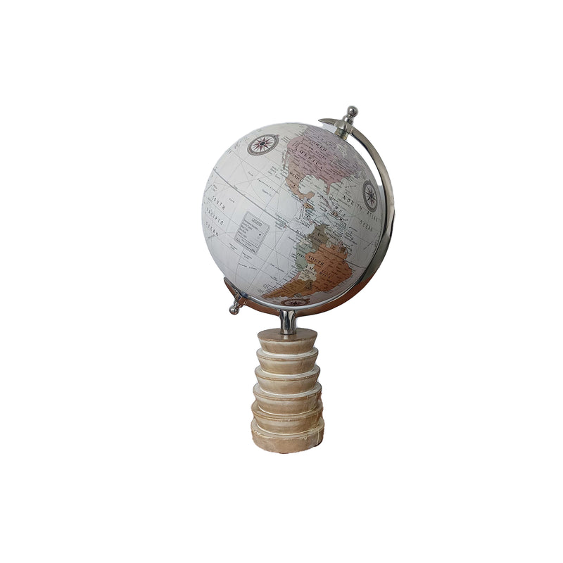 White and Multicolour 8 inch Home Decor Rotating World Globe with Wooden Stand